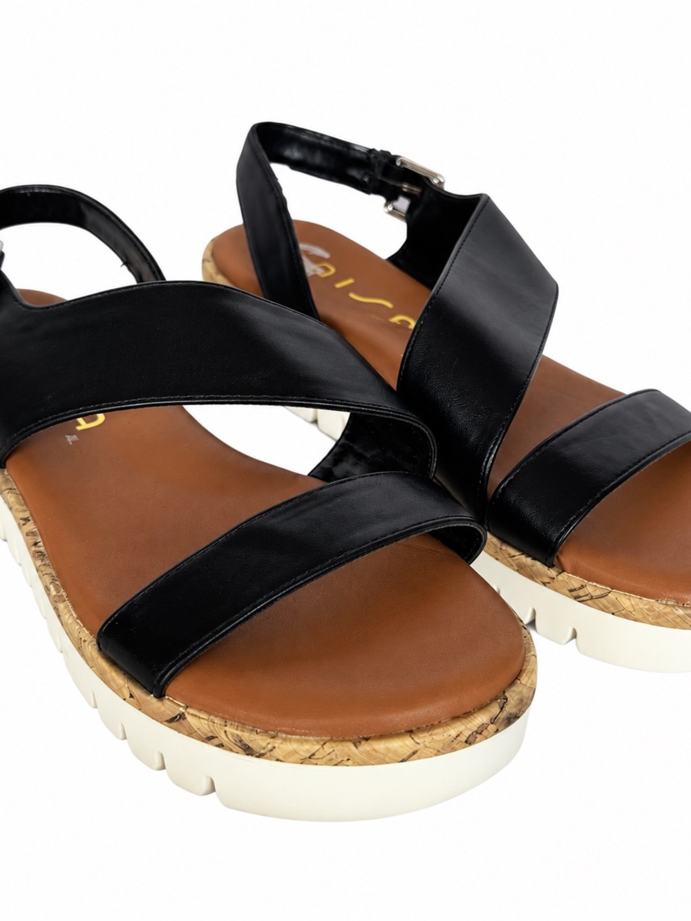 UNISA Black Strappy Platform Sandals Size 7M with Cork-Trim Sole